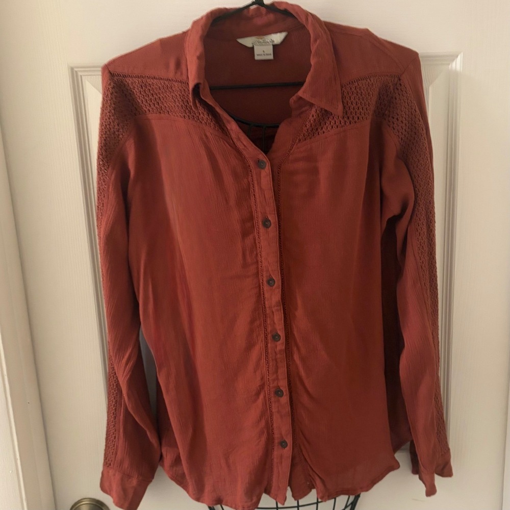 Bob Timberlake Women's Rust Crochet Lace Button Down Shirt Small Boho